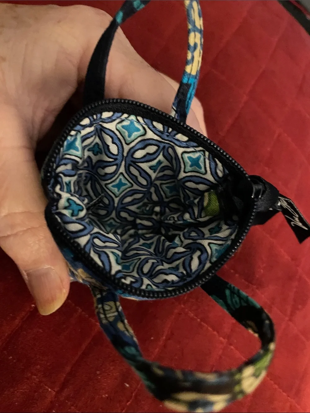 Vera Bradley Teal Navy Floral Mini Tote  Keychain- Bag Charm EUC